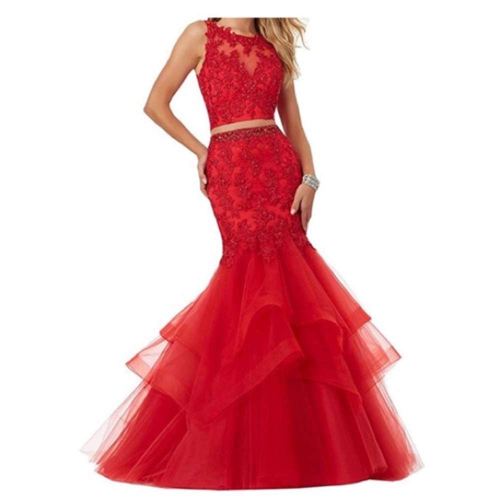 Red mermaid two piece prom dress!
